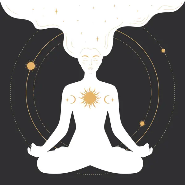 Lotus pozunda oturan ve altın çemberde meditasyon yapan bir kadın. Kutsal büyü sanatı. Vektör illüstrasyonu