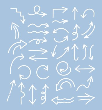 Basit bir el çizimi ok koleksiyonu. Farklı şekillerde oklar, noktalı oklar. Mavi arka planda beyaz oklar. Vektör illüstrasyonu