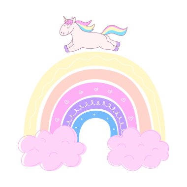 Sevimli tek boynuzlu atlarla çizilmiş çocuksu bir el. Şeker renginde gökkuşağı süsü. Bebek tasarımı. Vektör illüstrasyonu