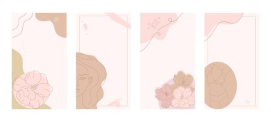 Soyut sosyal medya yaratıcı şablonlar ayarlandı. Kadın yüzü, vücudu ve farklı şekilleri olan post ve öykü geçmişleri. Düzenlenebilir. Vektör illüstrasyonu