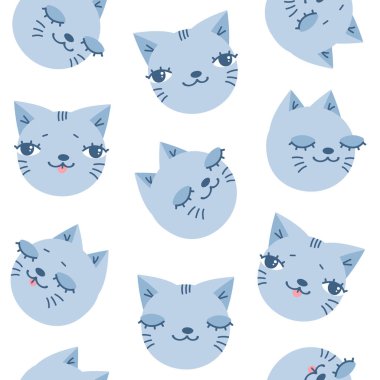 Kedi kafaları olan güzel bir el çizimi deseni. Yavru kedi pürüzsüz desen. Çizgi film çocuksu tasarımı. Vektör illüstrasyonu 