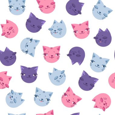 Renkli kedi yüzlü, pürüzsüz, şirin bir el çizimi. Kusursuz bir desen. Çizgi film çocuksu tasarımı. Vektör illüstrasyonu