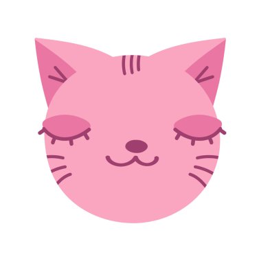 Sevimli el çizimi, kapalı gözlü kedi suratı. Kedi kafası. Çizgi film çocuksu tasarımı. Vektör illüstrasyonu