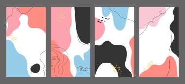 Sosyal medya yaratıcı şablonlar ayarlandı. Farklı soyut şekillere sahip post ve hikaye geçmişleri. Düzenlenebilir. Vektör illüstrasyonu