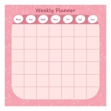 Tavşan desenli şirin bir haftalık planlamacı. Vektör illüstrasyonu