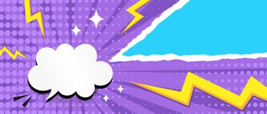 Konuşma balonlu ve yırtık kağıtlı parlak bir sanat afişi. Noktalı, çizgili, yıldızlı ve yıldırımlı arkaplan. Vektör illüstrasyonu