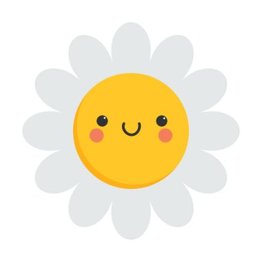 Papatya çayı gülümseyen sevimli çizgi film karakteri. Çocukça. Güneş ikonu. Vektör illüstrasyonu