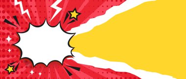 Konuşma baloncuğu bulutlu ve yırtık kağıtlı parlak bir sanat afişi. Noktalı, çizgili, yıldızlı ve yıldırımlı komik bir arkaplan. Vektör illüstrasyonu