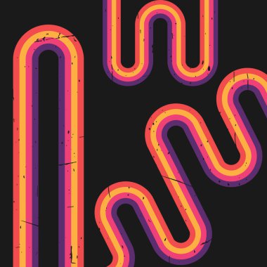 Retro vintage tarzı çizgiler. Karanlık arka planda parlak, çarpık gökkuşağı. Grunge dokusu. Vektör illüstrasyonu