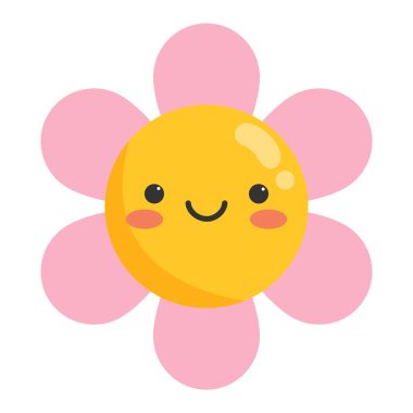 Şirin, gülümseyen papatya çiçeği karakteri. Çocukça. Vektör illüstrasyonu