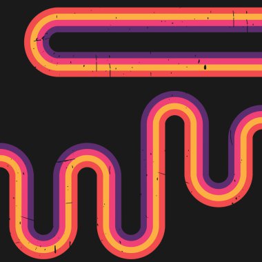 Retro vintage tarzı çizgiler. Karanlık arka planda parlak dalgalı gökkuşağı. Grunge dokusu. Vektör illüstrasyonu