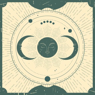 Güneş ve hilal şeklinde gökyüzü arka planı. Ruhani çizelge, sihirli tahta. Eski tarz, grunge tarzı. Vektör illüstrasyonu