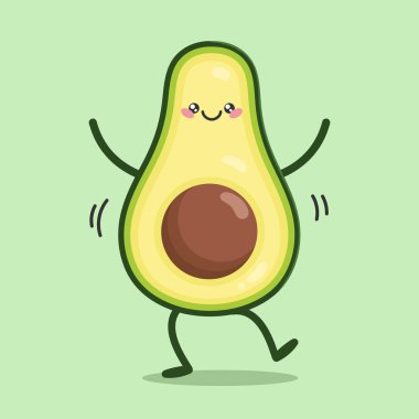 Avokado dansı yapan sevimli çizgi film karakteri. Sağlıklı beslenme ve zindelik kavramı. Vektör illüstrasyonu