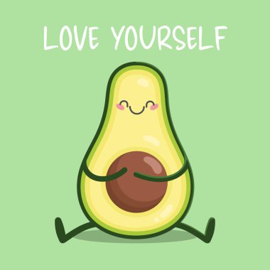 Avocado karakteri kendine sarılıyor. Kendini motive edici bir alıntı yap. Vektör illüstrasyonu