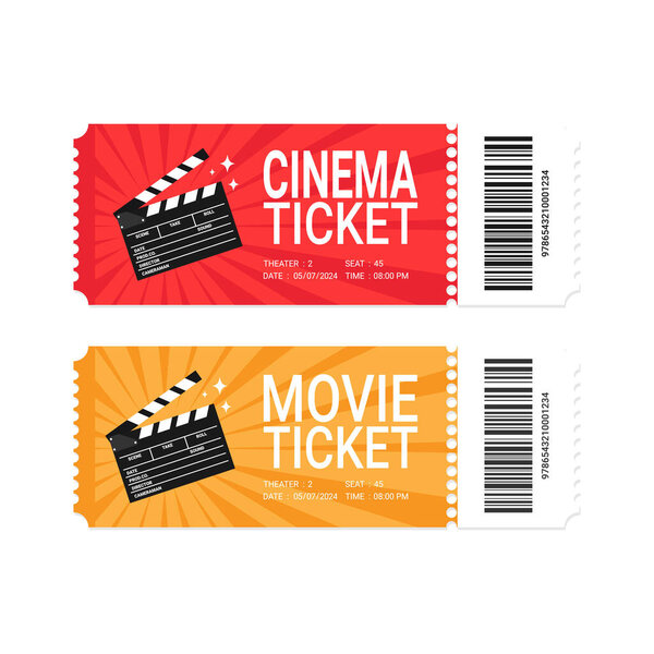 Modern movie or cinema ticket design with clapperboard. Realistic front view. Movie ticket template. Vector illustration