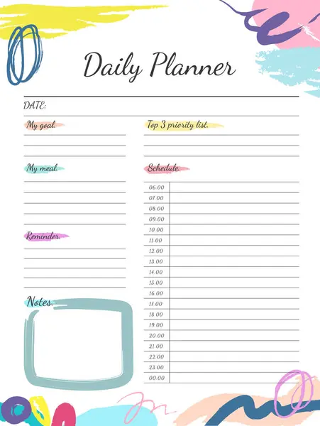 Günlük planlama şablonu. Yapılacaklar listesi için yazdırılabilir. Düzenleyici ve program. Madalyalı sanatsal. Vektör illüstrasyonu