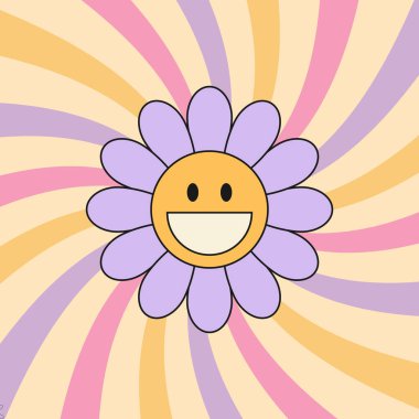 Gülümseyen papatya çiçekleri ve kıvrımlı güneş ışınları ile muhteşem bir arka plan. 70 'lerin hippi tarzı. Vektör illüstrasyonu