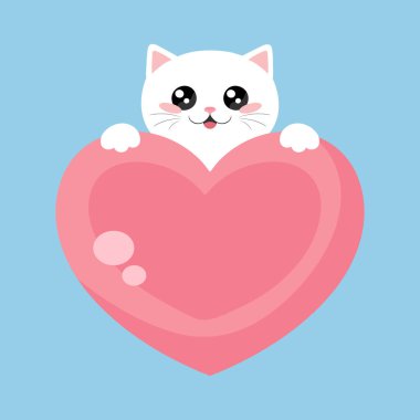 Karikatür beyaz kedi elinde kalp tutuyor. Aşk kartı ya da Sevgililer Günü tebrikleri için hoş bir şablon. Vektör illüstrasyonu