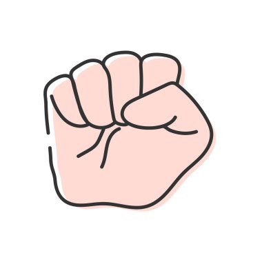 Beyaz arka planda izole edilmiş yükseltilmiş yumruk çizgisi simgesi. Güç ve güç sembolü. El hareketi. Vektör illüstrasyonu