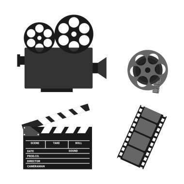 Sinema ikonları. Video kamera, film makarası, klaket tahtası ve beyaz arka planda izole edilmiş film şeridi. Düz biçimli vektör illüstrasyonu