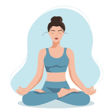 Yoga pozunda oturan çörek saç stili güzel bir kız. Meditasyon ve yoga. Uluslararası yoga günü. Yoga yapan bir kadın. Vektör illüstrasyonu