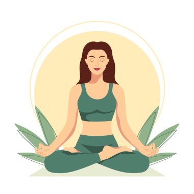 Uzun saçlı güzel bir kız nilüfer çiçekleri ve güneşte poz veriyor. Meditasyon ve yoga. Uluslararası yoga günü. Vektör illüstrasyonu