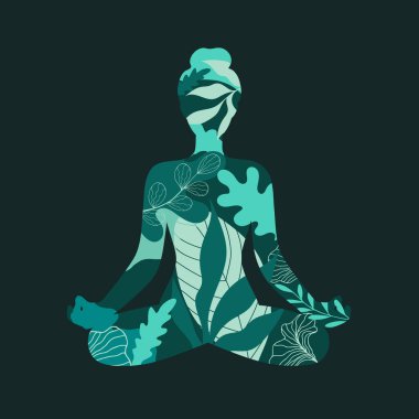Lotus pozisyonunda oturan soyut kadın. Orman bitkileri ve yapraklardan yapılmış meditasyon yapan kız silueti. Yoga ve meditasyon yapan bir kız. Vektör illüstrasyonu
