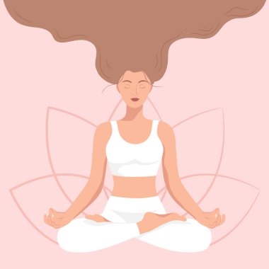 Yogada uzun saçlı güzel bir kız nilüfer çiçeği arka planında poz veriyor. Meditasyon ve yoga. Uluslararası yoga günü. Yoga yapan bir kadın. Vektör illüstrasyonu