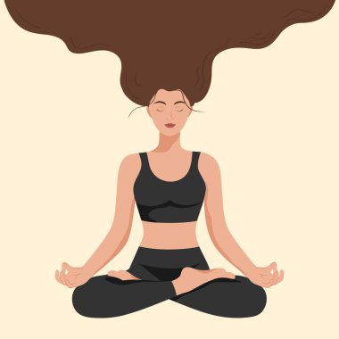 Yoga pozunda oturan uzun, dalgalı saçlı güzel bir kız. Meditasyon ve yoga. Uluslararası yoga günü. Yoga yapan bir kadın. Vektör illüstrasyonu