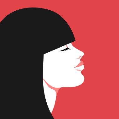 Kâküllü güzel esmer bir kadının portresi. Kırmızı arka planda kadın profili. Vektör illüstrasyonu
