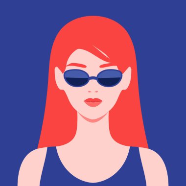 Güneş gözlüğü takan genç kızıl saçlı kadın. Güneş gözlüklü kızıl saçlı genç bir kadının portresi ya da avatarı. Vektör illüstrasyonu