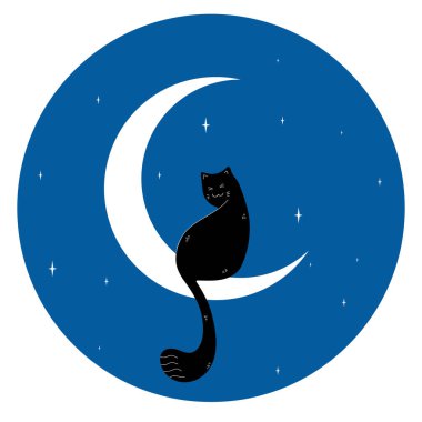 Mavi gökyüzü arka planında hilal üzerinde oturan sevimli siyah kedi. Vektör illüstrasyonu