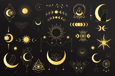 Büyük bir altın semavi büyü seti ve astrolojik semboller. Göksel uzay amblemleri. Uzay elementleri Vektör illüstrasyonu