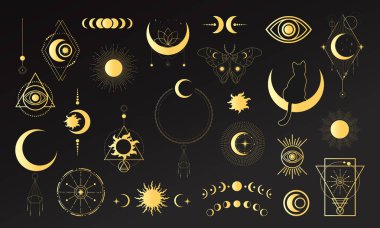 Büyük bir altın semavi büyü seti ve astrolojik semboller. Göksel uzay amblemleri. Vektör illüstrasyonu