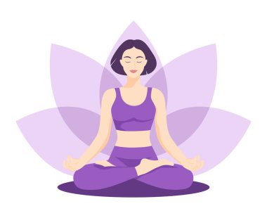 Yogada oturan kısa saçlı sakin kız nilüfer çiçeği pozu veriyor. Meditasyon ve yoga. Uluslararası yoga günü. Vektör illüstrasyonu