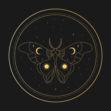 Daire içinde altın bir kelebek olan kutsal bir amblem. Vektör illüstrasyonu