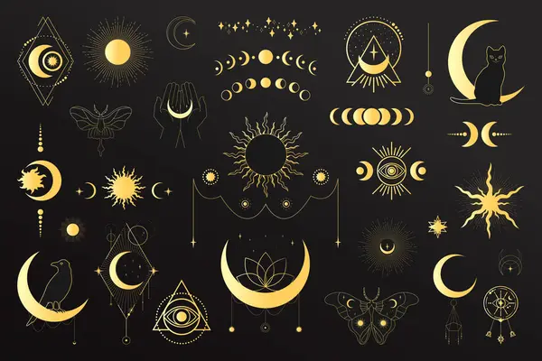 Büyük bir altın semavi büyü seti ve astrolojik semboller. Göksel uzay amblemleri. Uzay elementleri Vektör illüstrasyonu