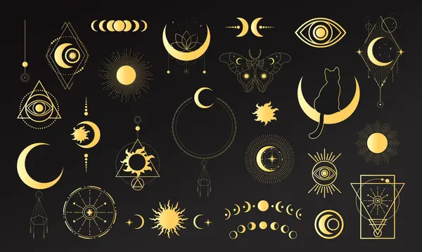 Büyük bir altın semavi büyü seti ve astrolojik semboller. Göksel uzay amblemleri. Vektör illüstrasyonu