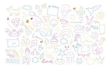 Childish doodle outline elements collection. Hand drawn animals, plants and objects in kids scribble style. Vector illustration