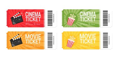 Modern sinema ya da sinema bileti tasarımı seti. Gerçekçi bir bakış açısı. Sinema bileti şablonu. Vektör illüstrasyonu