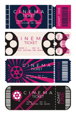 Farklı dizaynlı sinema biletleri. Ön manzara. Sinema bileti şablonu. Vektör illüstrasyonu