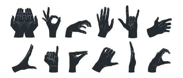 El hareketi siluetleri 1. Farklı el hareketleri seti. Tamam işaret, kaya boynuzları, kalp, el ele tutuşmalar. Vektör illüstrasyonu