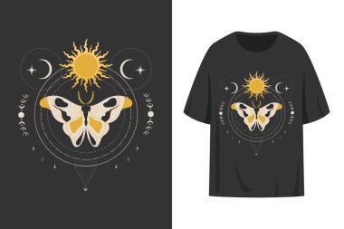 Tişört izi dizaynı ve gökyüzü kelebek krallığı. Güneş, hilal ve geometrik şekillerle süslenmiş. Vektör illüstrasyonu