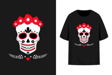 Kırmızı çiçekli şeker kafataslı tişört izi tasarımı. Madalyalı kafatası amblemi logosu. Vektör illüstrasyonu