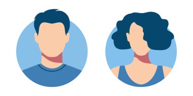 Soyut kadın ve erkek yüzsüz portreler, avatarlar veya isimsiz profiller. Kadın ve erkek soyut yüz simgeleri. Vektör illüstrasyonu