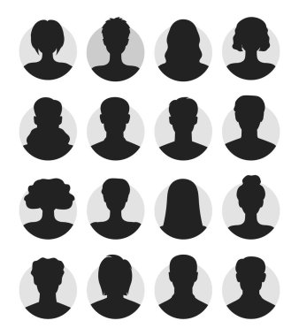 Soyut kadın ve erkek yüzsüz portreler, avatarlar veya isimsiz profiller. Kadın ve erkek siluet simgeleri. Vektör illüstrasyonu