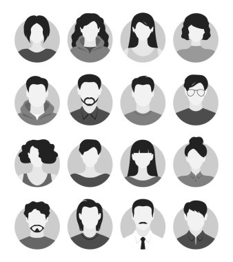 Soyut kadın ve erkek yüzsüz portreler. Kadın ve erkek siluetleri isimsiz profiller, avatarlar veya soyut cinsiyet simgeleri için uygundur. Vektör illüstrasyonu