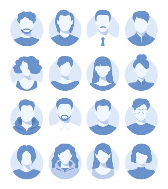 Soyut kadın ve erkek yüzsüz portreler, avatarlar veya isimsiz profiller. Kadın ve erkek soyut yüz simgeleri mavi renklerde. Vektör illüstrasyonu