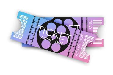 Gerçekçi stil renkli barkodlu iki sinema bileti. Film makaralı tasarım. Ön manzara. Sinema bileti şablonu. Vektör illüstrasyonu