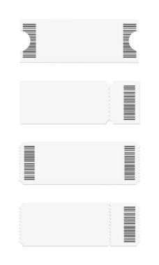 Beyaz arka planda soyut boş bilet koçanları şablonu. Barkodlu farklı şekillerde bilet modeli. Gerçekçi bir tarz. Vektör illüstrasyonu